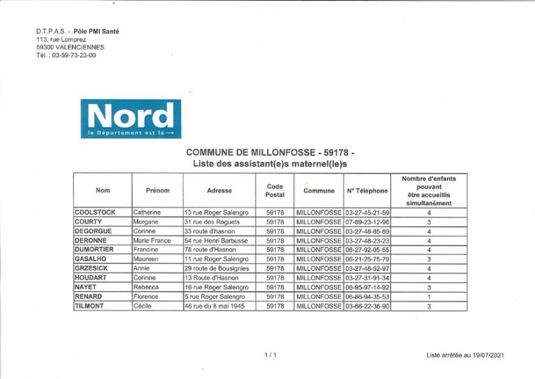 Liste des assistantes maternelles 2021  Site de la commune de Millonfosse